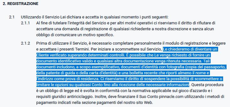 Estratto di condizioni di registrazione